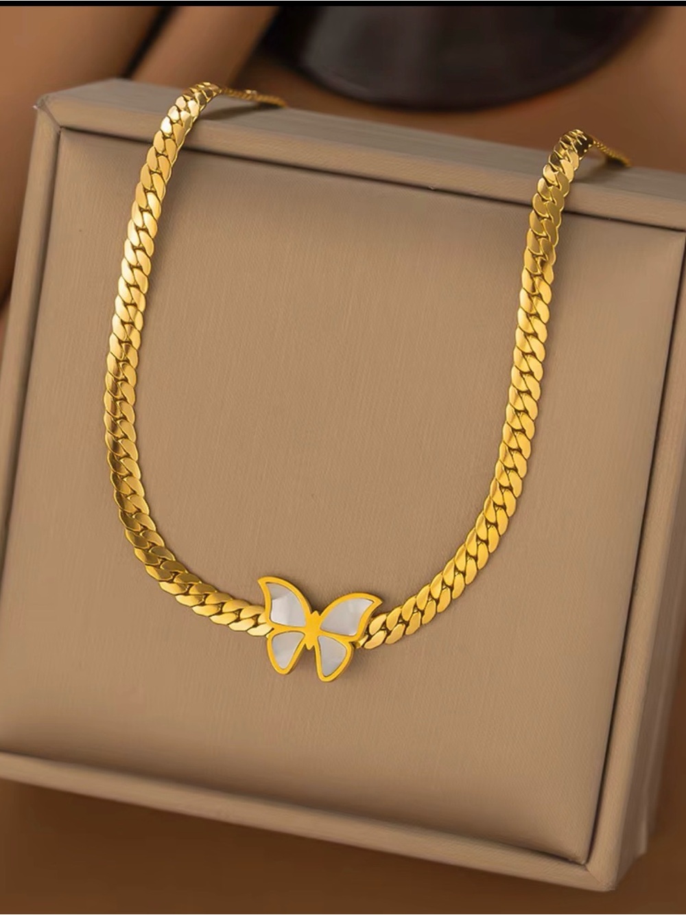 Gold Chain Necklace with White Butterfly Accent - Women's Jewelry